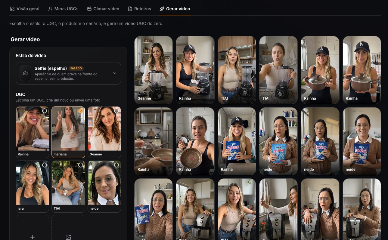 Painel de geração de vídeos da criart.ai